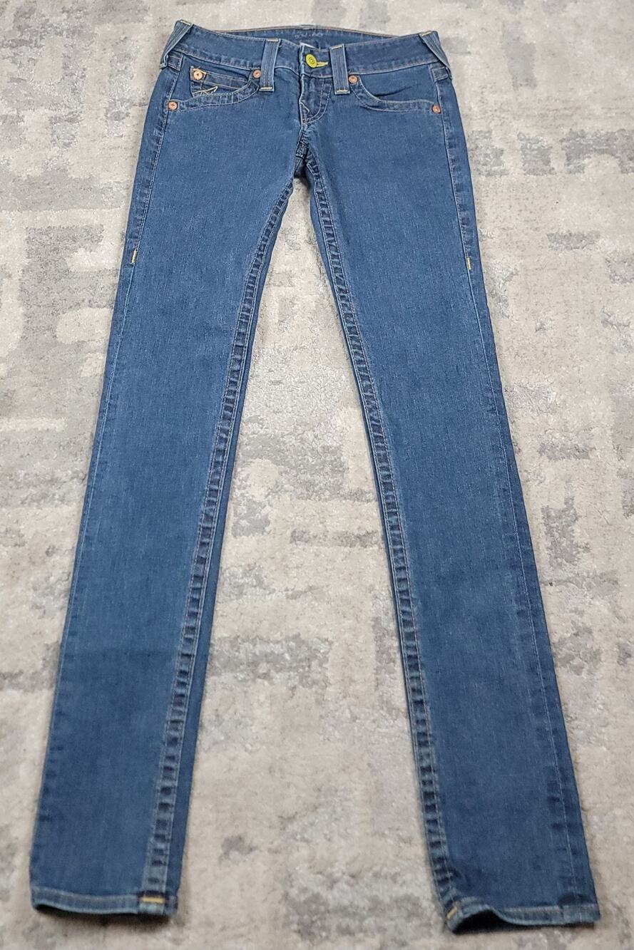 True Religion World Tour Skinny Women's Yellow Button Blue Denim Jeans Sz 29x33